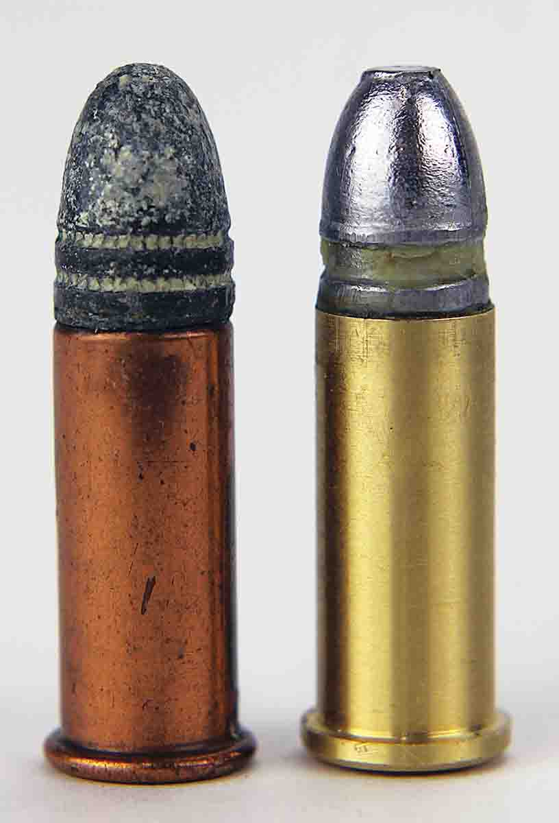 Original .32 S&W Long cartridges (left) crimped the copper case onto the bullet. Crimping the Quality Cartridge adapter (right) is neither necessary nor desirable.